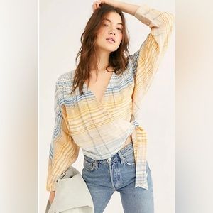 We The Free Relaxed Yellow and Blue Wrap Blouse with 3/4 Sleeves Size S
